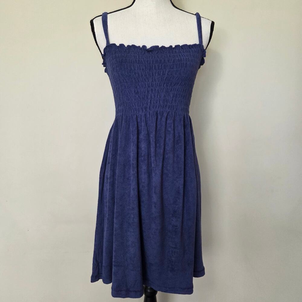 NWT Jordan Taylor M Terry Cloth Smocked Dress Beach Swimwear Cover Up Navy Blue